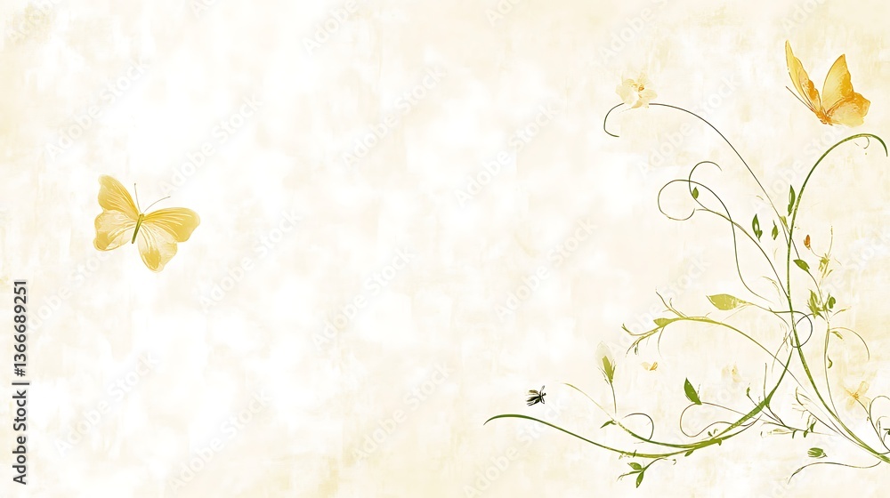 Two butterflies gracefully flying near delicate floral vines Two butterflies gracefully flying near delicate floral vines