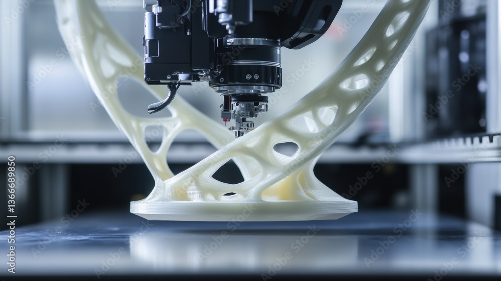 Fototapeta premium A robotic arm in a next generation 3D printing lab, assembling large-scale 3D-printed components for aerospace structures with extreme precision, Aerospace-tech style