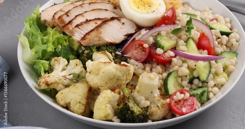 Healthy lunch bowl with grilled chicken, lentils, roasted vegetables and egg, close up, camera rotates around