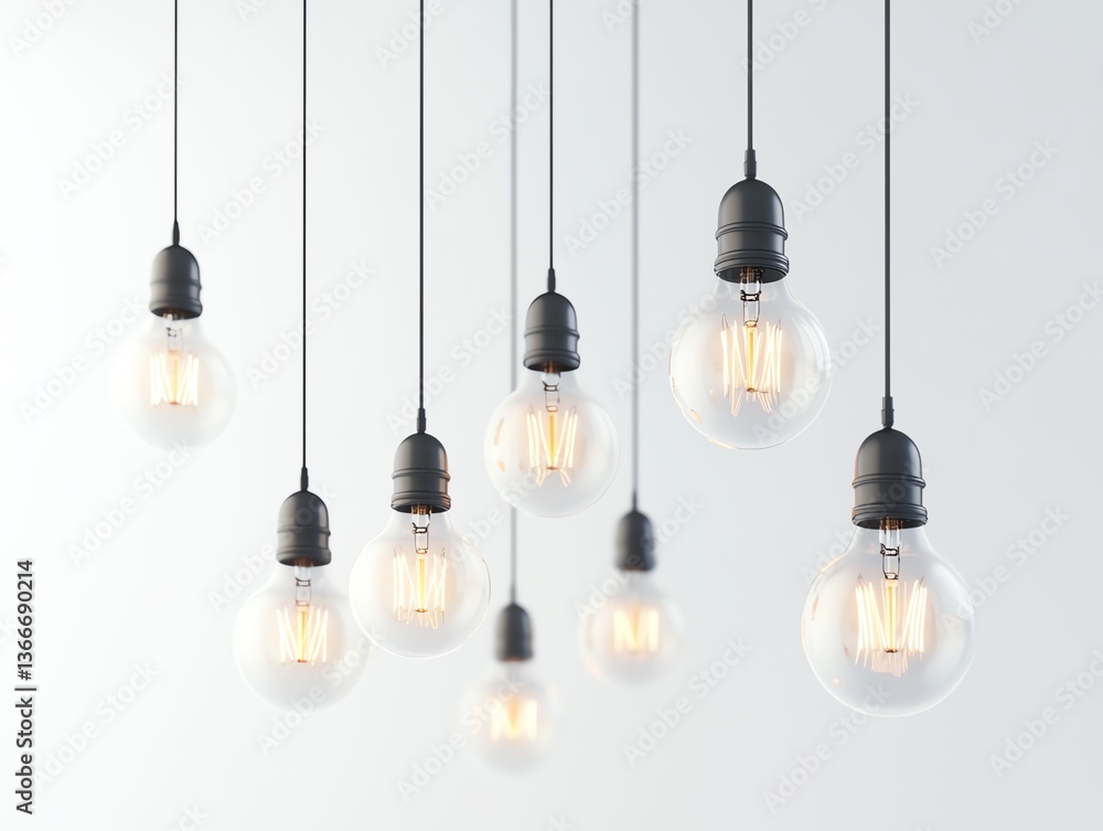 Multiple hanging light bulbs isolated on a white background, concept of ideas, innovation, and inspiration 3D Rendering Multiple hanging light bulbs isolated on a white background, concept of ideas, innovation, and inspiration 3D Rendering