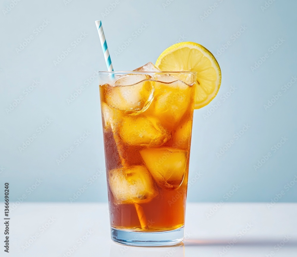 Refreshing Iced Tea with Lemon Slice and Straw on Bright Background Refreshing Iced Tea with Lemon Slice and Straw on Bright Background