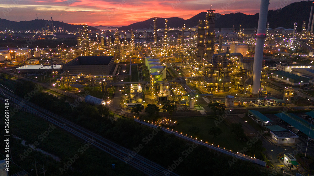 Fototapeta premium Oil Refinery plant at sunset. Gas Chemical Equipment Prodiction import export Concept, Crude Oil Refinery Plant Steel Pump Pipe line and Chimney and Cooling tower, Chemical Petrochemical