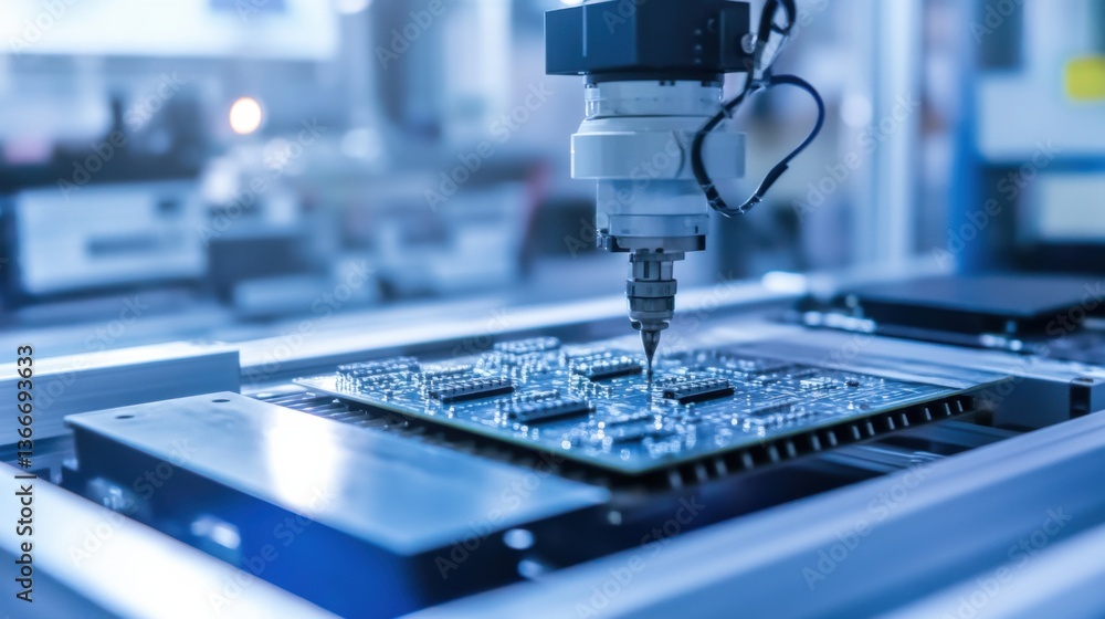 A robotic arm in a semiconductor manufacturing lab, assembling chip components for next-gen processors with extreme accuracy, Electronics-tech style A robotic arm in a semiconductor manufacturing lab, assembling chip components for next-gen processors with extreme accuracy, Electronics-tech style