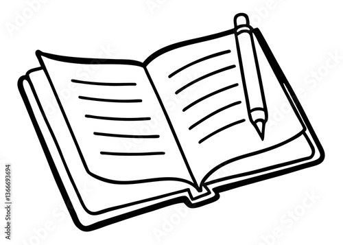 Open Notebook with Pen Vector - Clipart, Line Art & Cartoon Illustration, High-quality open notebook with pen vector, perfect for clipart, line art, and digital designs.