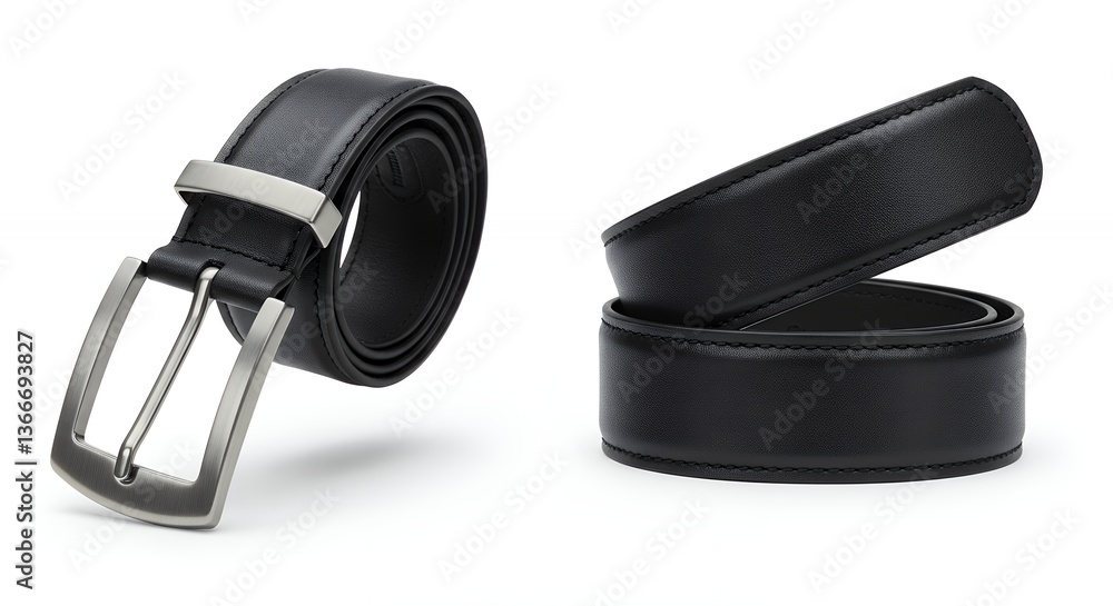 Black Leather Belt with Silver Buckle on White Background Apparel Style Black Leather Belt with Silver Buckle on White Background Apparel Style