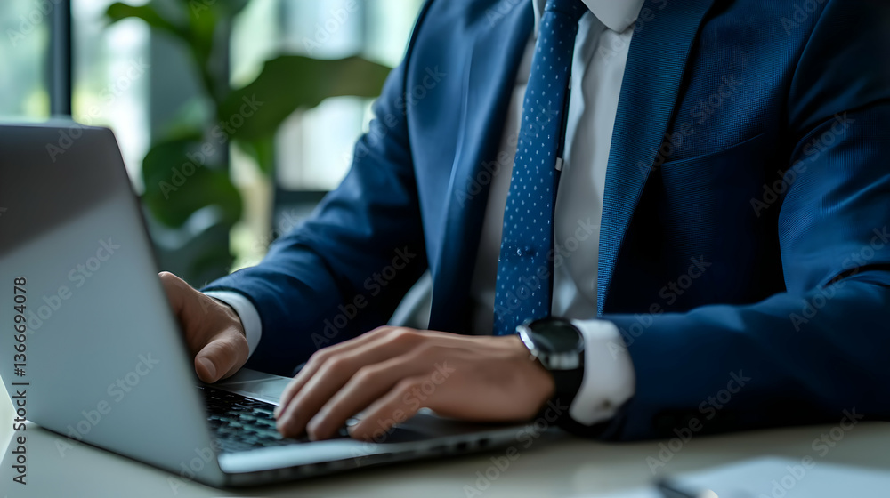 Businessman in Blue Suit Typing on Laptop Computer in Office Setting With Natural Light Businessman in Blue Suit Typing on Laptop Computer in Office Setting With Natural Light