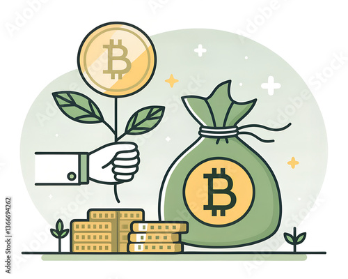 Hand holding bitcoin plant near stack of coins and bag filled with cryptocurrency illustration transparent background