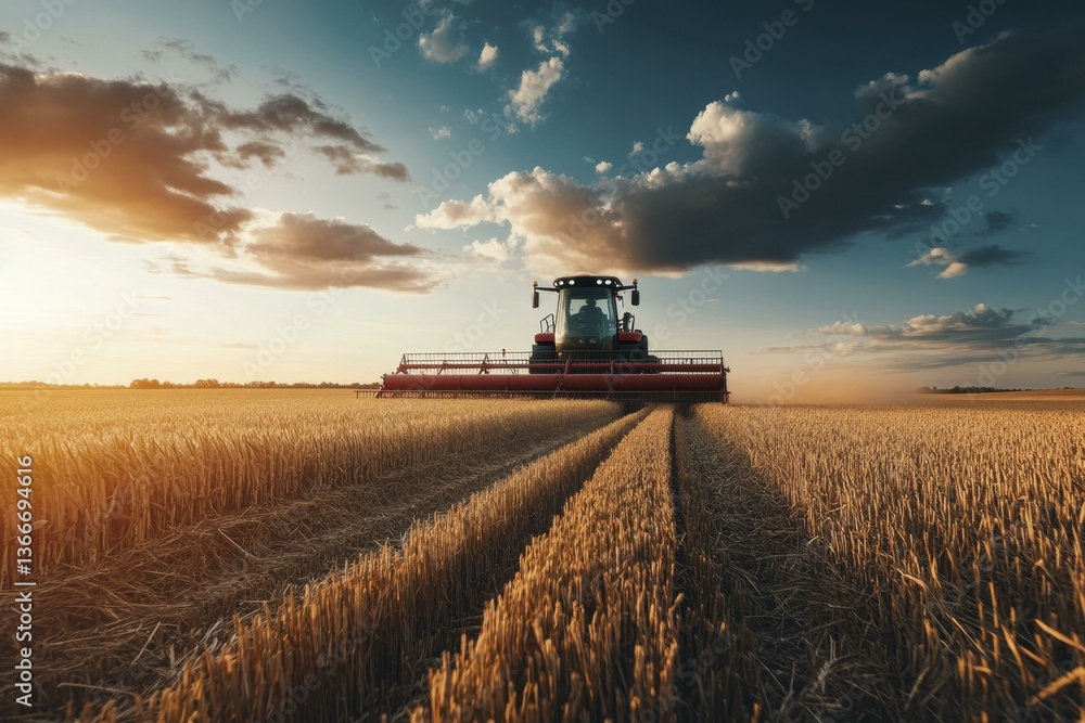 Fototapeta premium Combine Harvester Cuts Wheat Field at Sunset with Sky and Clouds