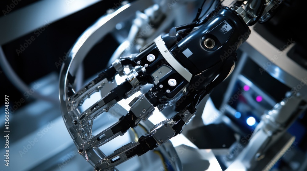 Fototapeta premium A robotic arm in a smart factory, assembling AI-powered robots for industrial automation with high precision, Industrial-tech style