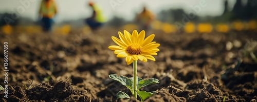 A vibrant yellow flower stands out against freshly tilled soil, with safety-geared workers in the background, symbolizing agricultural diligence and environmental care.