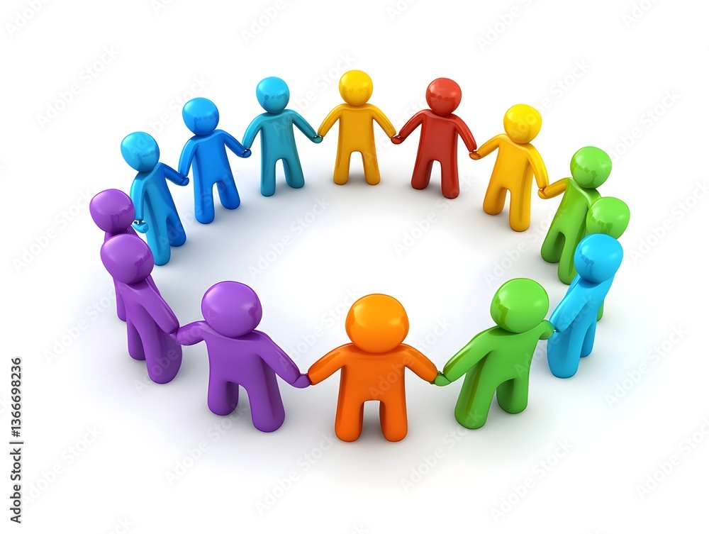 3D people in a circle, holding hands together in different colors on a white background, high-resolution photography. 3D people in a circle, holding hands together in different colors on a white background, high-resolution photography.