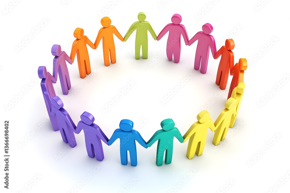 3D people in a circle, holding hands together in different colors on a white background, high-resolution photography. 3D people in a circle, holding hands together in different colors on a white background, high-resolution photography.