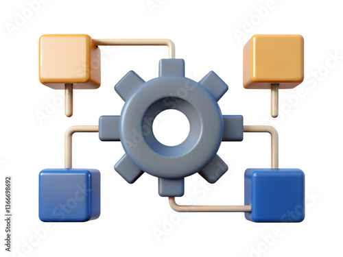 Illustration of a gear connected to four cubes by pipes in a network configuration system diagram transparent background