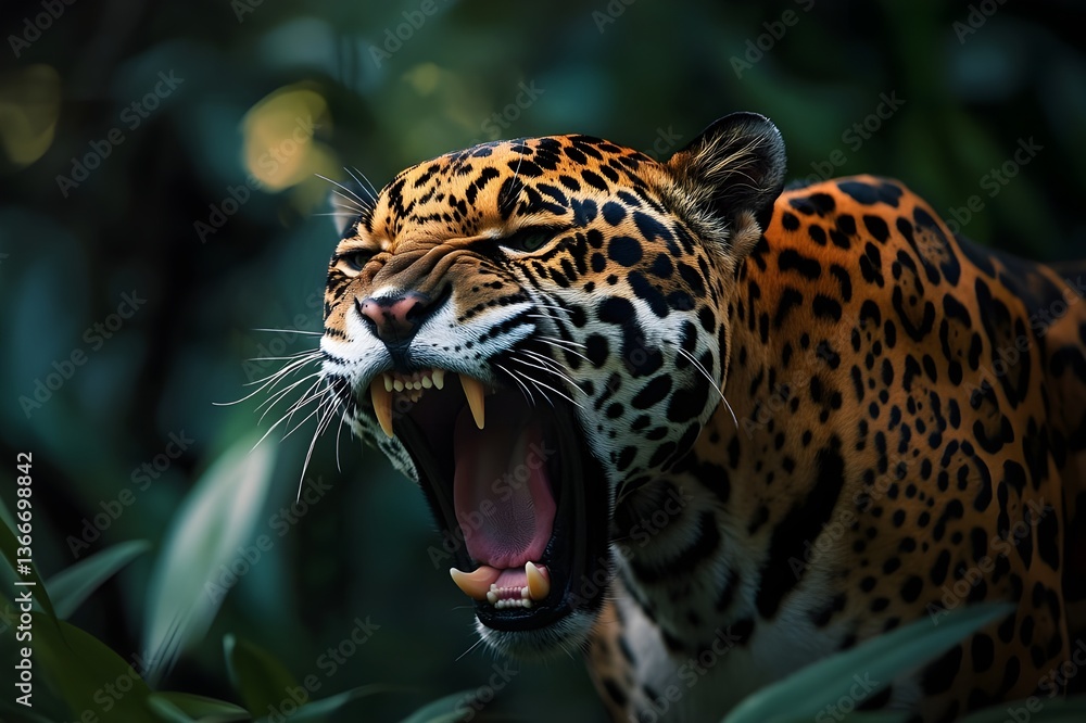 Obraz premium Jaguar roaring in the forest in a dark attractive lighting style