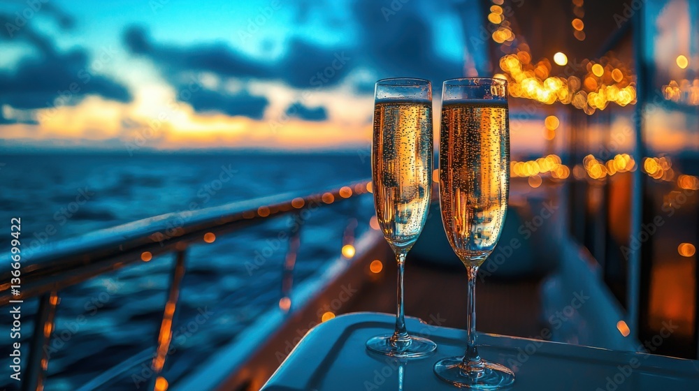 Obraz premium Cheers to the Sea: Two elegant glasses of champagne, glowing in the twilight, set against the backdrop of the sea, symbolizing luxury and celebration.