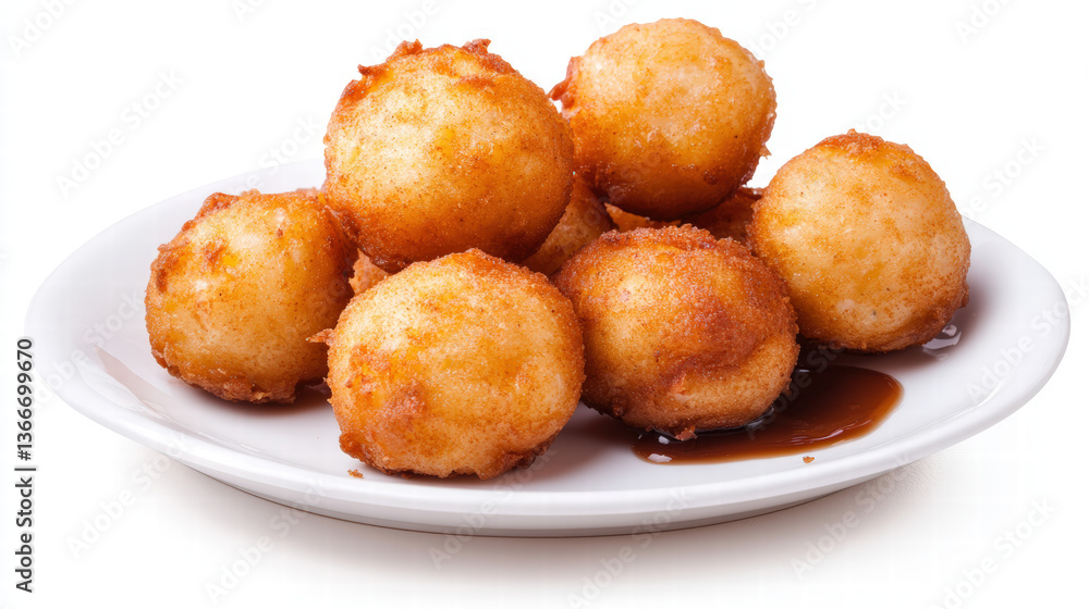Crispy and golden deep fried balls served on white plate, showcasing delicious snack perfect for sharing. texture is inviting, making it ideal treat for any occasion Crispy and golden deep fried balls served on white plate, showcasing delicious snack perfect for sharing. texture is inviting, making it ideal treat for any occasion