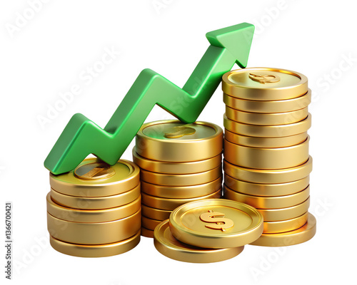 Stacks of golden coins with dollar signs and a green arrow pointing upwards, indicating growth or profit, representing financial growth and investment, and economic success transparent background