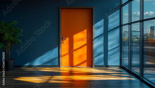 Wallpaper Mural Bright Orange Door in Modern Office with City View Torontodigital.ca