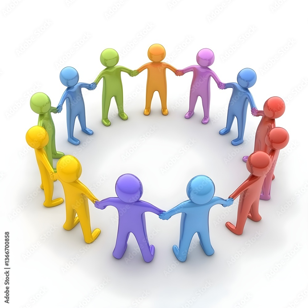 3D people in a circle, holding hands together in different colors on a white background, high-resolution photography. 3D people in a circle, holding hands together in different colors on a white background, high-resolution photography.