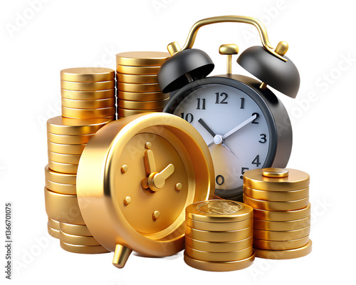 A concept of time is money shown with stacks of gold coins and two clocks on an isolated background transparent background