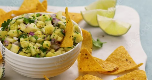 Pineapple salsa in a bowl served with chips, camera slides right to left