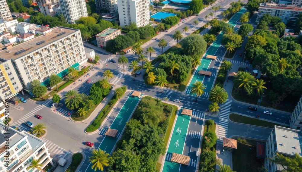 Naklejka premium High Angle View Of City Streets With Lush Green Spaces And Buildings