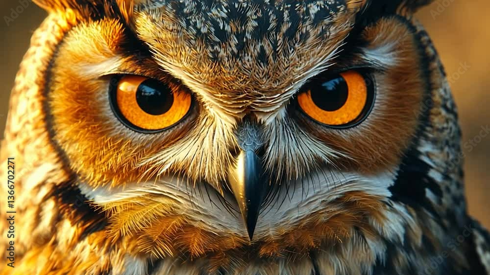 Close-up of owl's face, showing intense orange eyes and detailed feathers.