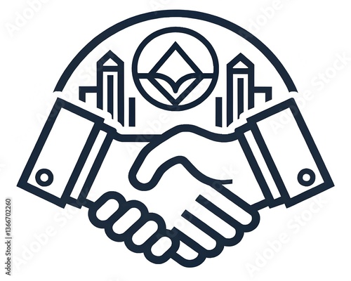 Illustration of a handshake with city skyline and abstract symbol in a circle above it all