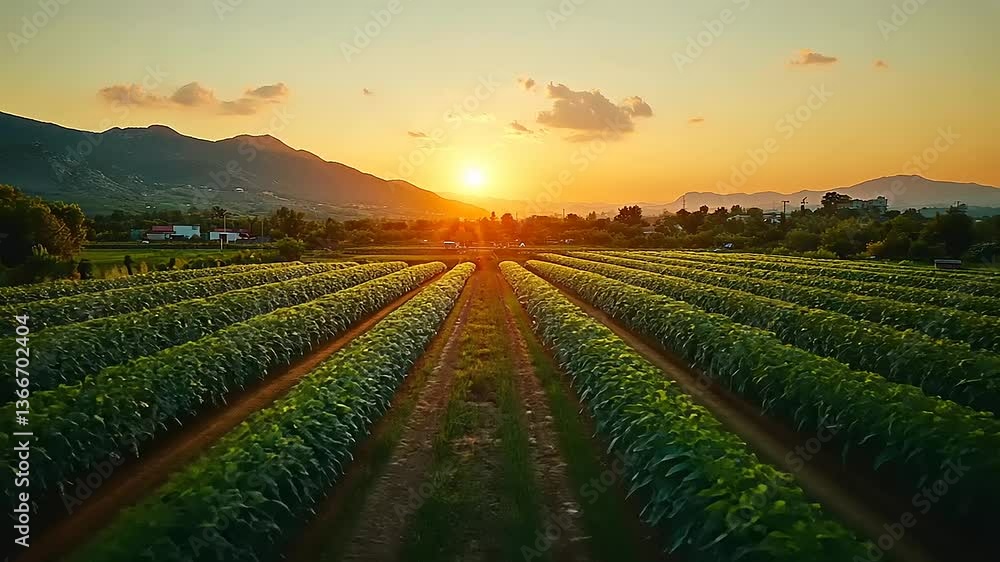Serene sunset over lush agricultural fields with mountains in the background, showcasing nature's beauty Serene sunset over lush agricultural fields with mountains in the background, showcasing nature's beauty