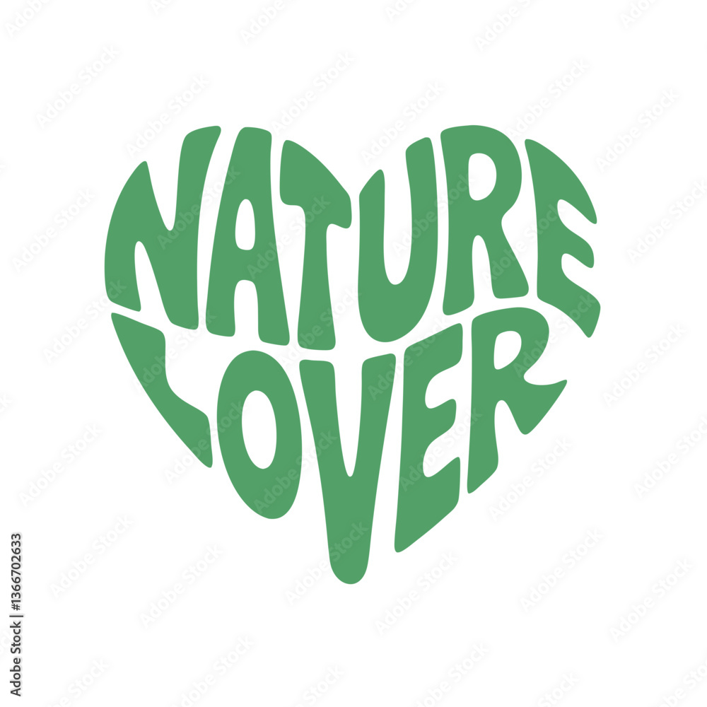 Fototapeta premium Nature lover heart-shaped typography illustration with green bold letters on black background, representing love and care for the environment and nature in a modern and artistic style