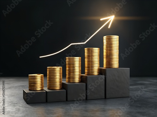 Stacks of gold coins on gray blocks with an upward trending arrow. concept of business growth and finance. growth concept with growing gold coins and charts. Money Growth Graph. 3D illustration render
