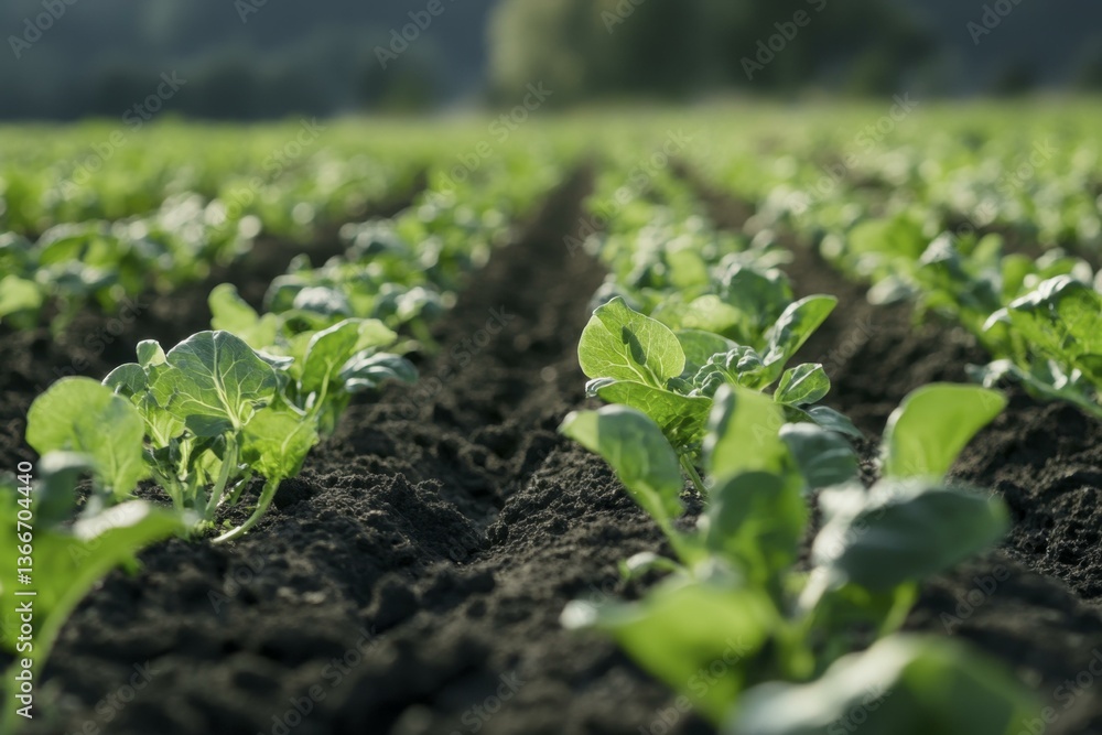 Rows of Fresh, Green Vegetable Crops Growing in Rich Black Soil on a Farm Field Rows of Fresh, Green Vegetable Crops Growing in Rich Black Soil on a Farm Field