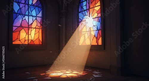 Broken Stained Glass Window with Light Beam and Shattered Pieces