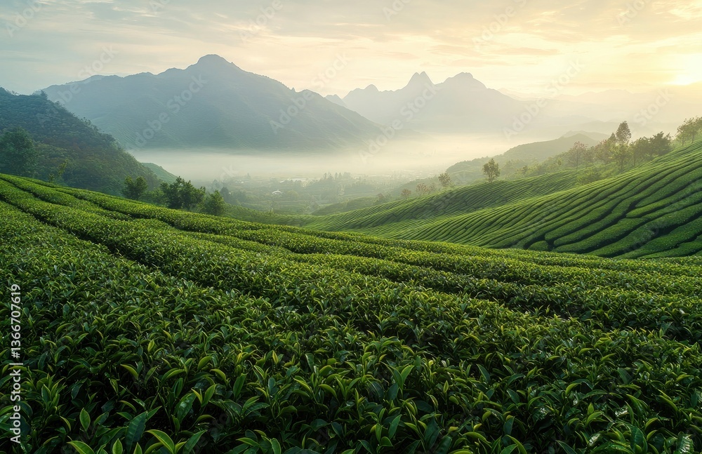 Fototapeta premium Tea Plantation Hills with Mist in Valley at Sunrise Landscape