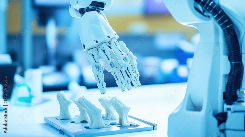 A robotic arm in an advanced medical laboratory, assembling prosthetic limbs with custom-fit technology for amputees, Med-tech style A robotic arm in an advanced medical laboratory, assembling prosthetic limbs with custom-fit technology for amputees, Med-tech style