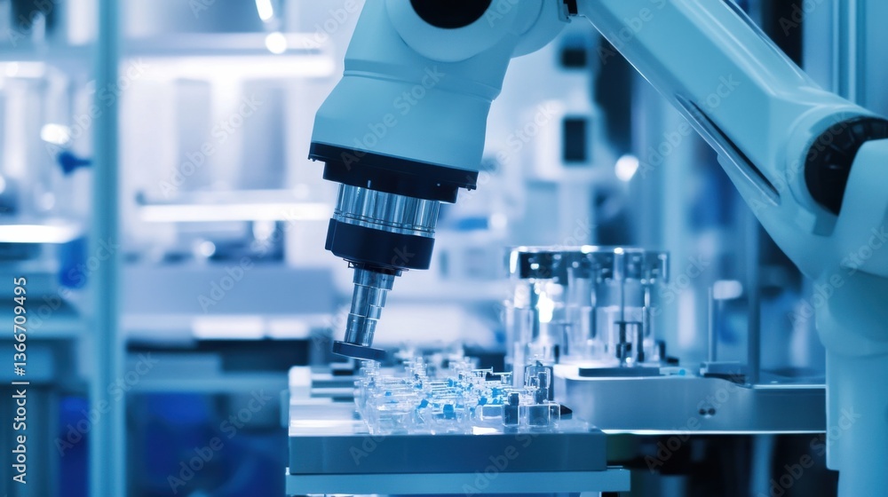 A robotic arm in an advanced research facility, assembling nano-scale components for biotechnology with AI-driven precision, Nano-tech style A robotic arm in an advanced research facility, assembling nano-scale components for biotechnology with AI-driven precision, Nano-tech style
