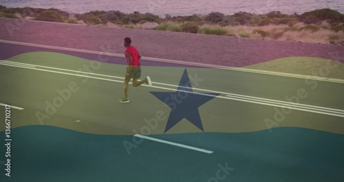 Running on coastal road, person with Ghana flag animation overlaying scene