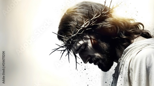 Man Wearing Crown of Thorns Looking Down with Light Effect