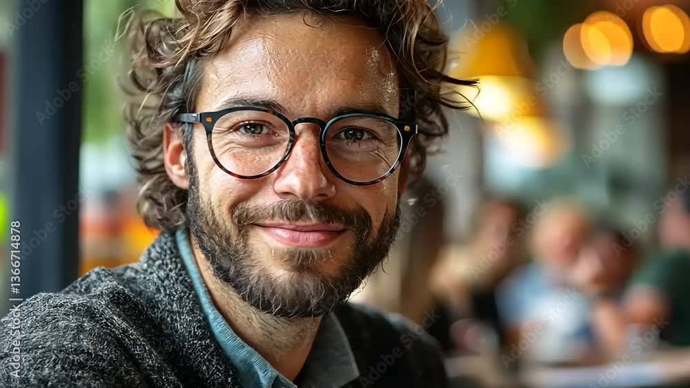 Smiling man with glasses in a cozy café setting, surrounded by people enjoying their time Smiling man with glasses in a cozy café setting, surrounded by people enjoying their time