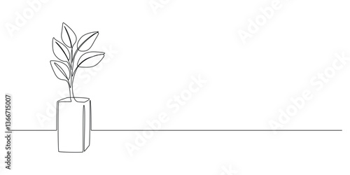 House plant in pot in one continuous line drawing. Flower in flowerpot for hygge scandinavian decor apartment in simple linear style. Editable stroke. Doodle monoline vector illustration