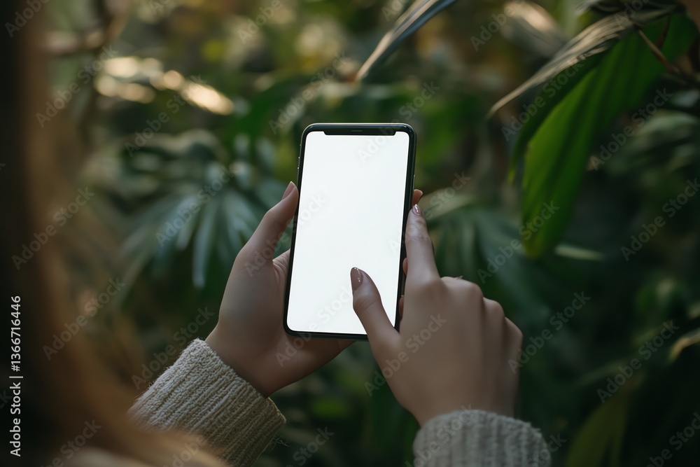 Naklejka premium Woman Using Smartphone with Blank Screen Outdoors Surrounded by Plants