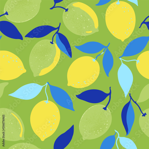 Seamless pattern with lemon fruits and branches. Vector illustration in contemporary minimalistic style.