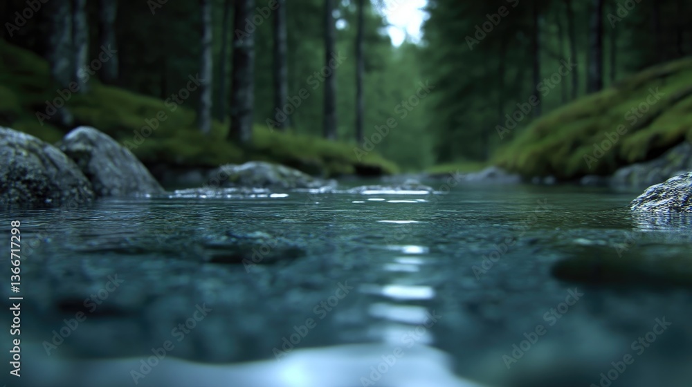 Fototapeta premium Tranquil forest stream. Crisp, clear water flows through a mossy, rocky woodland