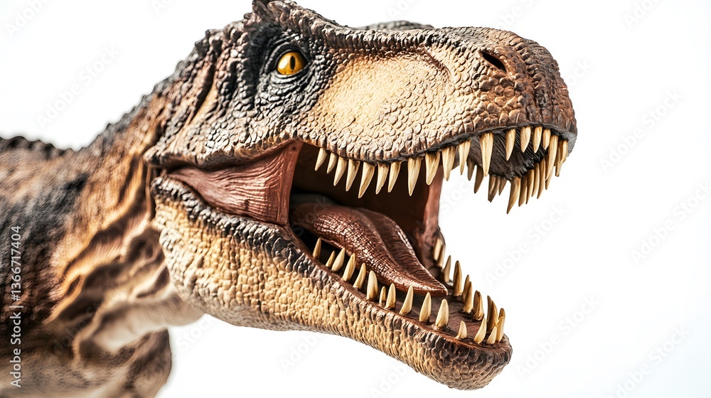 Obraz premium Closeup of a T-Rex figurine with sharp teeth and textured skin, isolated on white, showcasing primal power and intricate detail