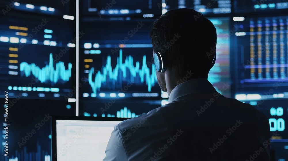 Fototapeta premium A man is sitting in front of a computer monitor with a headset on