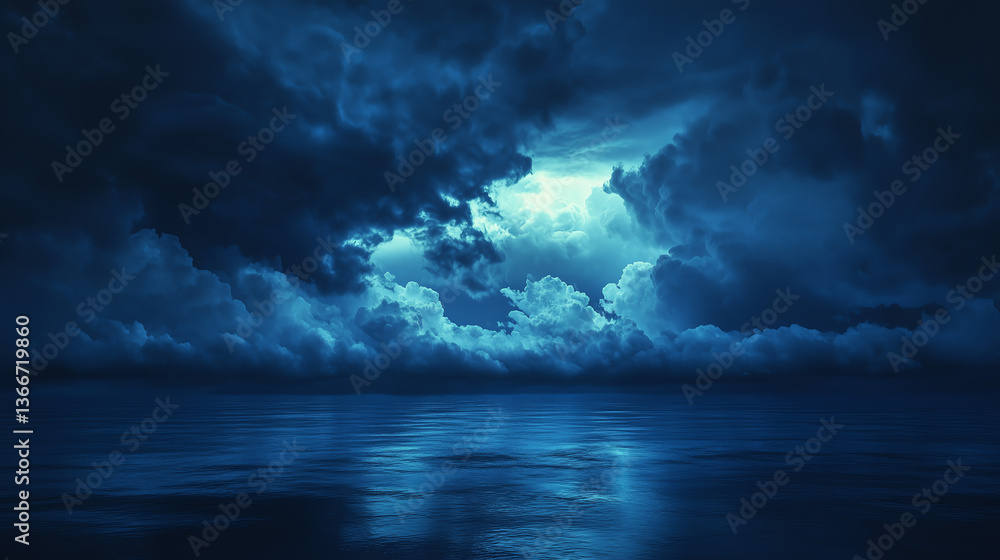 Obraz premium Dark Moody Night Sky Over Calm Ocean Dramatic Cloudscape Photography