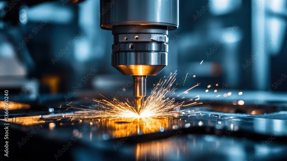 A high-precision CNC machine carving a metal component with glowing sparks. A high-precision CNC machine carving a metal component with glowing sparks.