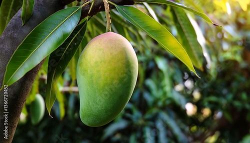 A close-up view of a ripe mango hanging from a sturdy tree branch, surrounded by lush green leaves.