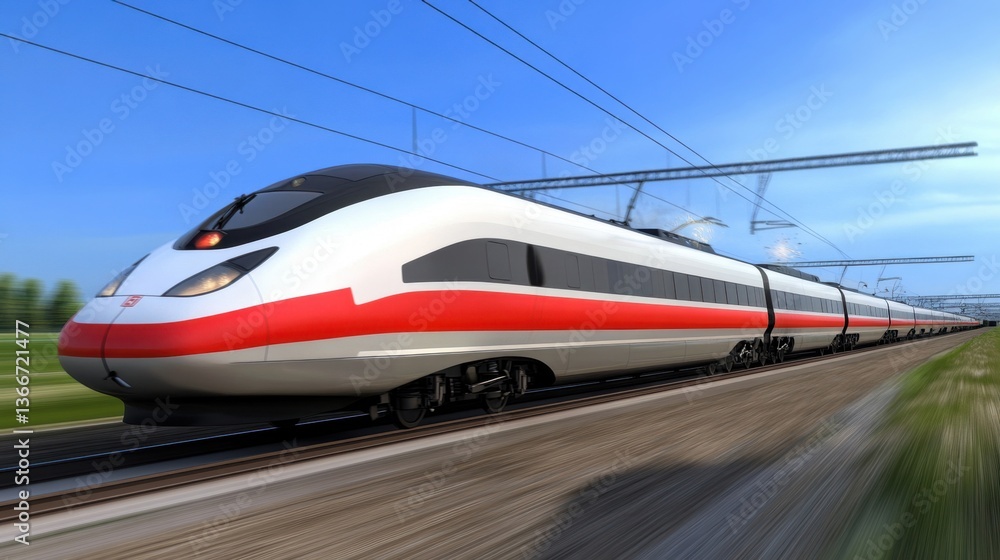 Fototapeta premium A high-speed train powered by an overhead electric line with sparks.