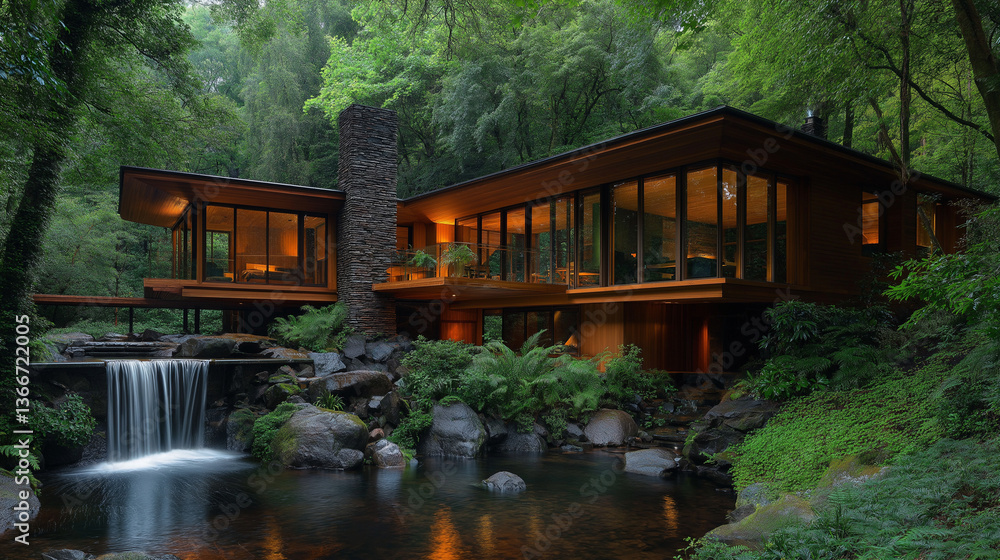 The house in the forest: A modern house, integrated into a natural environment, with large windows and a unique architecture that connects with nature The house in the forest: A modern house, integrated into a natural environment, with large windows and a unique architecture that connects with nature